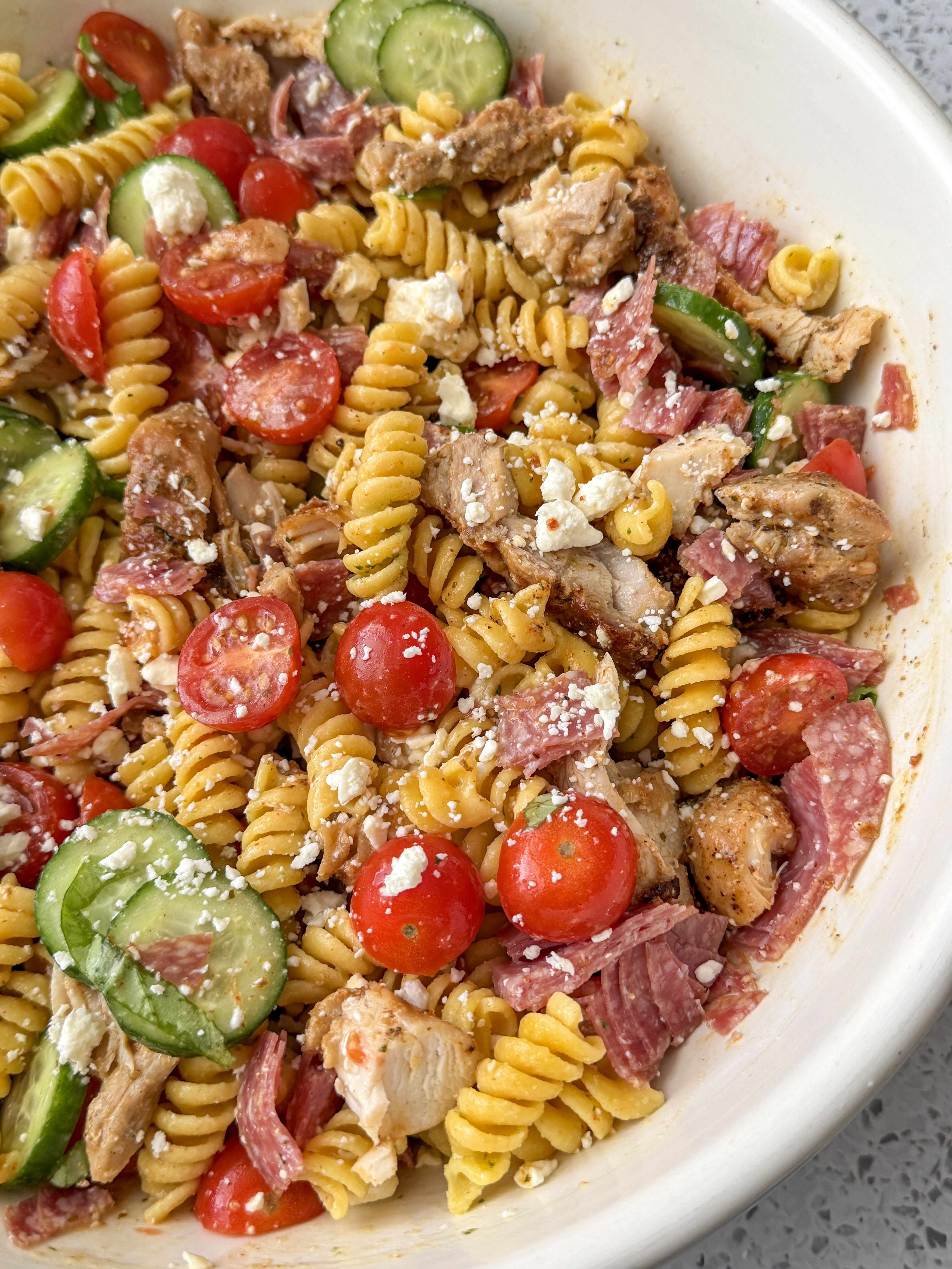 High Protein Pasta Salad (Easy Chicken, Salami & Feta Recipe)